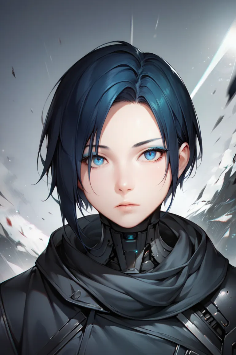 One woman, mature, anime, female anime character, black hair, blue eyes, blue eyeliner, expressionless, black short hair swept over left eye, sharp balanced face, small chest, black slim mechanical body frame, a loose jacket, a black cloak, a black fastene...