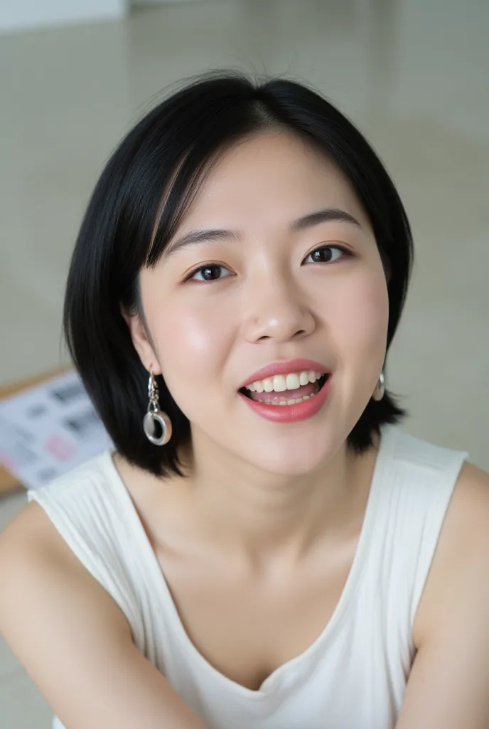 Close-up of the face of a beautiful mature woman, Korean woman with white skin and dark black hair short silky straight with a thin face,  tilts her head facing forward ,  in a seated position bending her legs , is covered with transparent plastic and a ba...