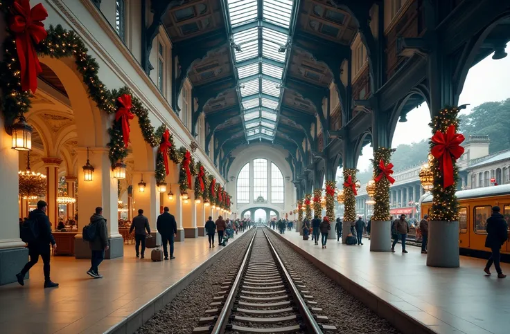 I want you to make this train station nicely decorated for Christmas, Do not put a Christmas tree in the middle of the tracks
