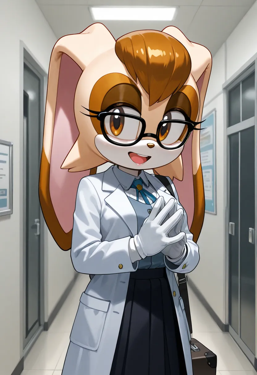 a cartoon rendering of a female doctor with a medical case in her hands and suitcase in a hallway, glasses, solo, 1girl, indoors, black hair, black-framed eyewear, open mouth Vanilla The Rabbit, 🐇