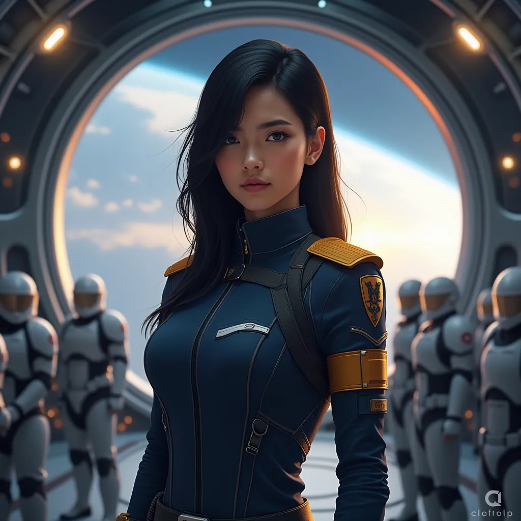 A young female officer in a futuristic space station, standing confidently in front of a large circular window overlooking a breathtaking view of space with a planet partially illuminated by the sun. She has long, shoulder-length black hair, naturally stra...