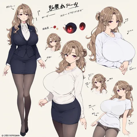 (( The best quality )), ((mature woman:1.9)), ( character design sheet ) detailed face, (model sheet), ( character sheet), anime style, 1chica, (masterpiece: 1.5), (2.D), glowing skin, ( long sleeve white t-shirt ), ((short skirt suit ))  color black, Brow...