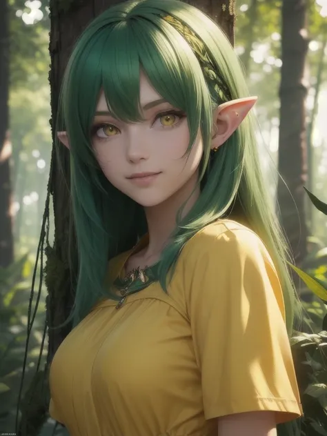 close-up, upper body. long, (green hair:1.6), ( yellow eyes:1.6), (green dress with short sleeves:1.6), ( sharp ears:1.2), smiling elf girl  (in the forest:1.3). ( Masterpiece , top quality shirt, Better quality, official art,  beautiful and aesthetic:1.2)...