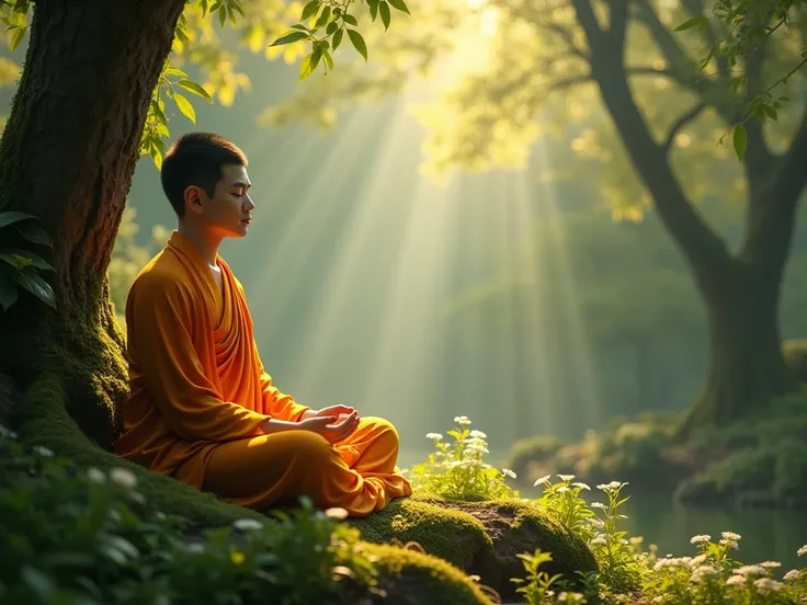 Alive Gautam buddha wearing a orange robe meditating under a tree at the right side of the image in a sceneric forest view at an afternoon time with sunlight falling onto buddha from the trees