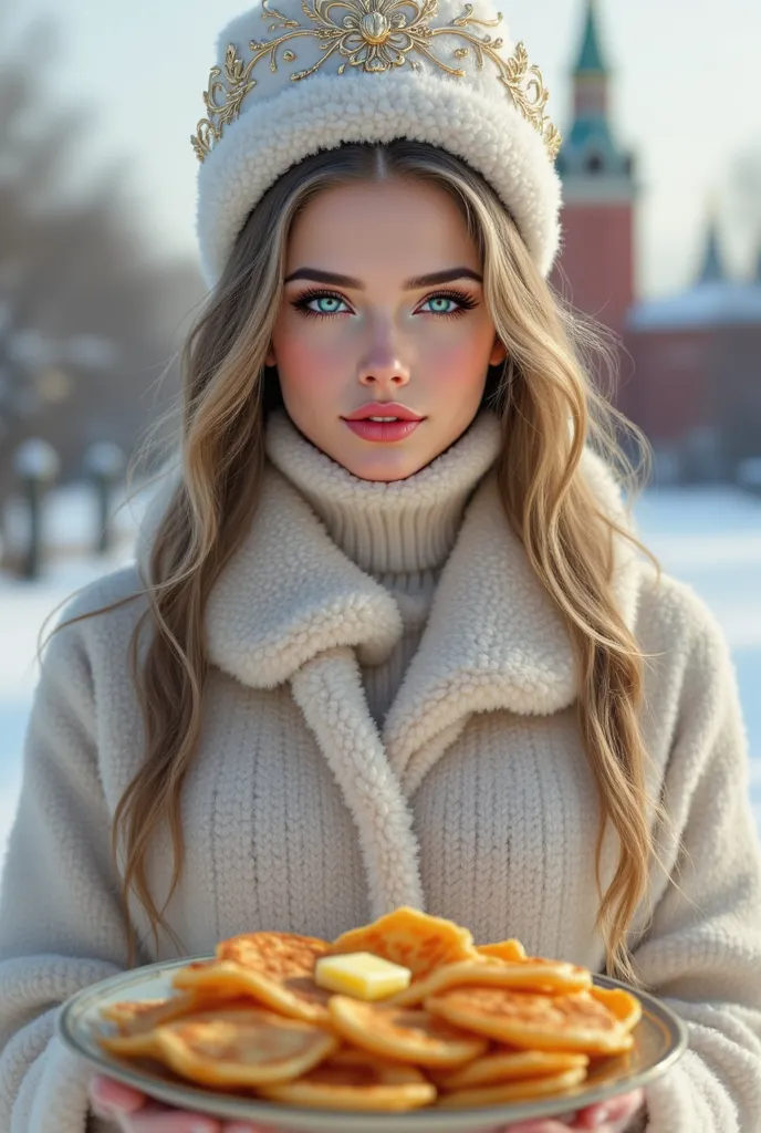 pinkfluxproultrafantasia, ((masterpiece, best quality)), a portrait very beautiful Russian girl in a Russian headdress against the backdrop of the Moscow Kremlin in winter, holding Russian very very thin pancakes with butter, Maslenitsa, pixiv illustration...