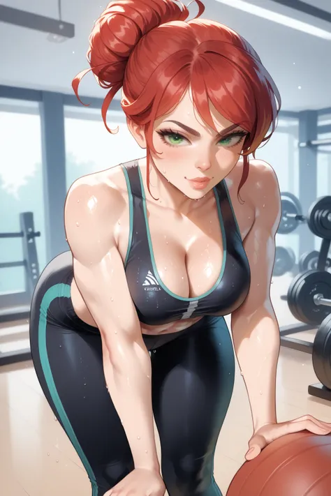 Female, Athletic body, red hair in a bun, Green eyes, calm look, Black top, black tight pants, standing with astride, leaning forward, sweaty body, nice armpits, the background is a gym