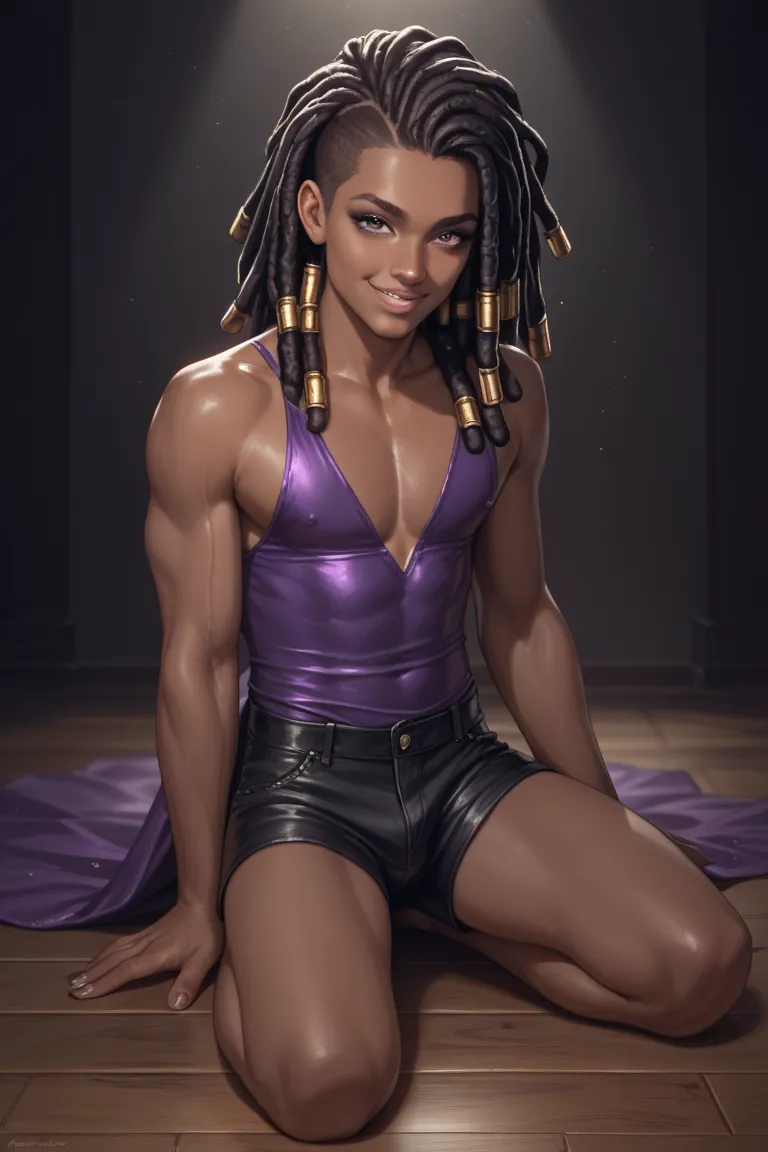 Short, 1 boy, brown skin, purple dress, black hair, short dreadlocks, black shorts, black makeup, short eyelashes, purple nails, no footwear, kneeling on floor, smiling, dark room