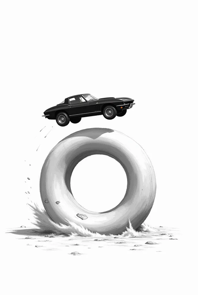 drawing page, black and white, stroke only, a car that jumps over a donut