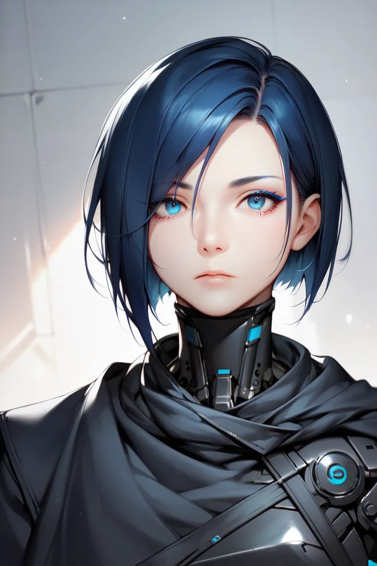 One woman, mature, anime, female anime character, black hair, blue eyes, blue eyeliner, expressionless, black short hair swept over left eye, sharp balanced face, small chest, black slim mechanical body frame, a loose jacket, a black cloak, a black fastene...