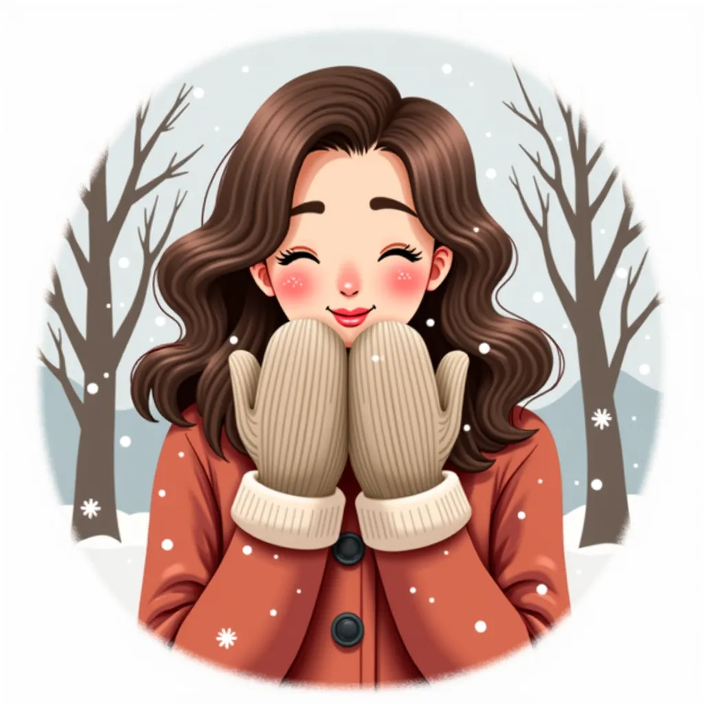 **Prompt Description:**  

A **27-year-old** beautiful woman with wavy brown hair stands outside in the cold, wearing a pair of thick, knitted gloves. She brings her gloved hands close to her face, lightly blowing warm air onto them, enjoying the cozy prot...