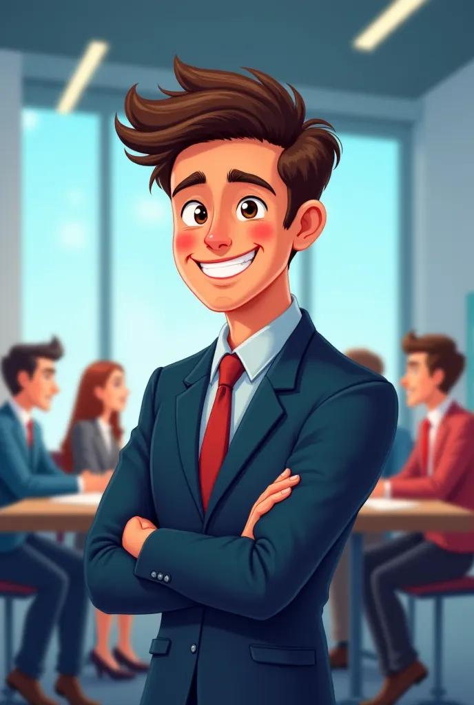 The same young man in a business meeting, listening to others but revealing nothing about his plans. He smiles slightly, keeping his thoughts private. His body language is confident yet reserved. The background is a modern conference room with professional...