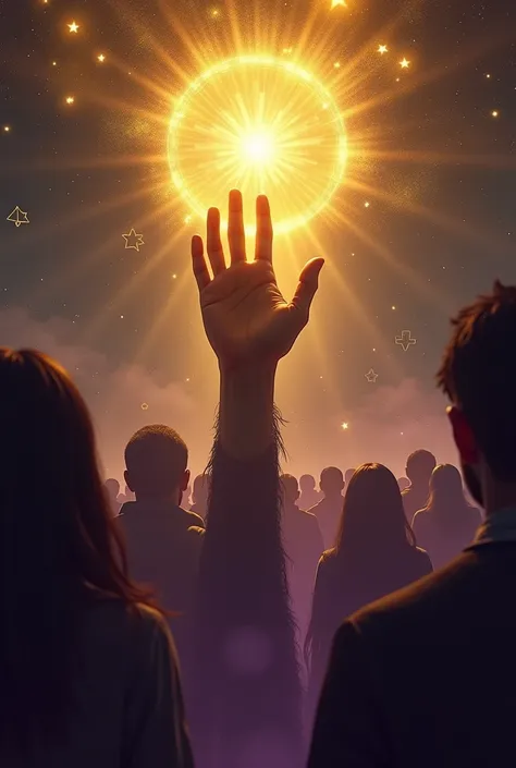 A glowing hand reaching towards the sky, surrounded by a halo of golden light. Dark, shadowy figures retreat, repelled by the light. Ancient spiritual symbols (like stars, flames, or runes) float in the air. Mystical and enigmatic atmosphere, with contrast...