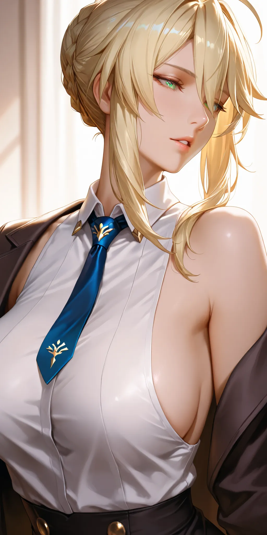 Masterpiece, very aesthetic, vibrant, high contrast, mature woman, milf, artoria pendragon (lancer) (fate), upper body, tie, sleeveless collared shirt, side boobs, open jacket, soft light, honkai: star rail cg style, semrealistic, best quality, seductive, ...