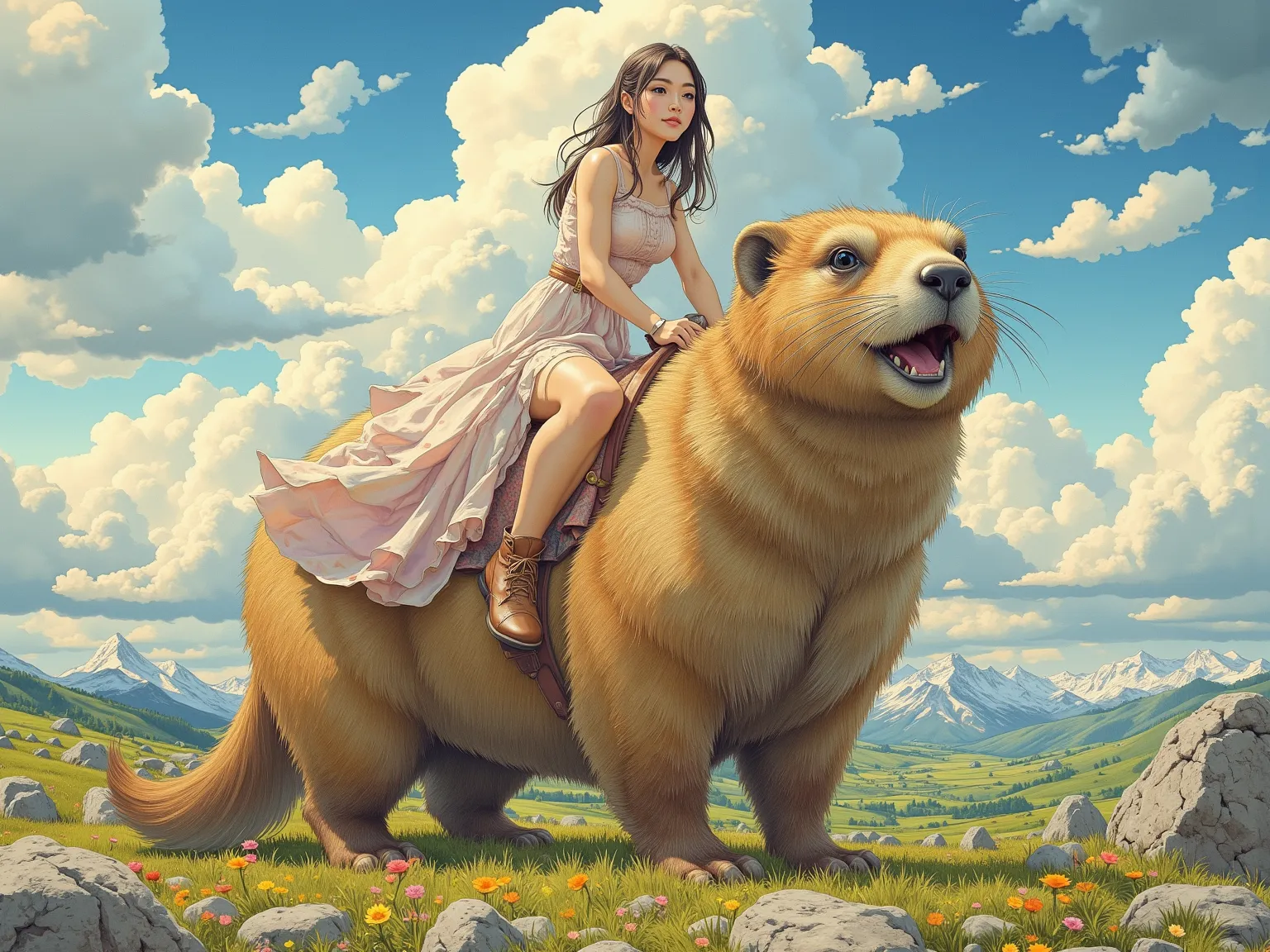 photorealistic， Ultra high definition ，high quality，best quality，8k，A very pretty little woman rides a huge marmot. Vue d'ensemble, plan large,  Full body view .