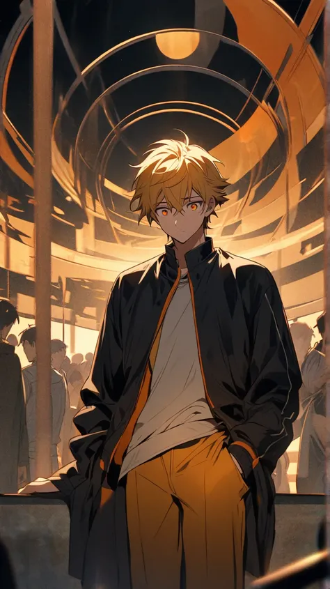  Anime Male Character,Hair Yellow Bronze, orange, orange Eyes, Mixed Light orange, wearing a dark blue and black long-sleeved dress inside..The white vest looks half of the body,Casual look, is contemplating ,Stand in the center of the picture and turn you...