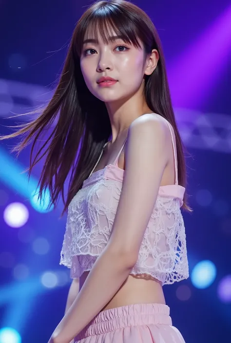 Create a stunning portrait of a beautiful Japanese idol girl. She is wearing a live performance outfit, showcasing her slender figure. Her medium-length hair flows elegantly as she stands confidently on the live stage.