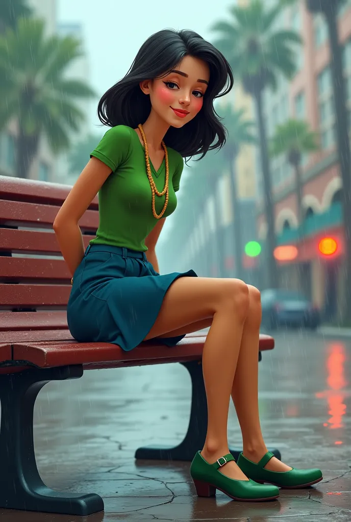 Tip: A very lovely  beautiful Asian American woman being sad alone on a bench in Downtown San Diego in the rain.. The illustration is a high definition illustration with 4k resolution., with highly detailed facial features and cartoon style visuals, green ...