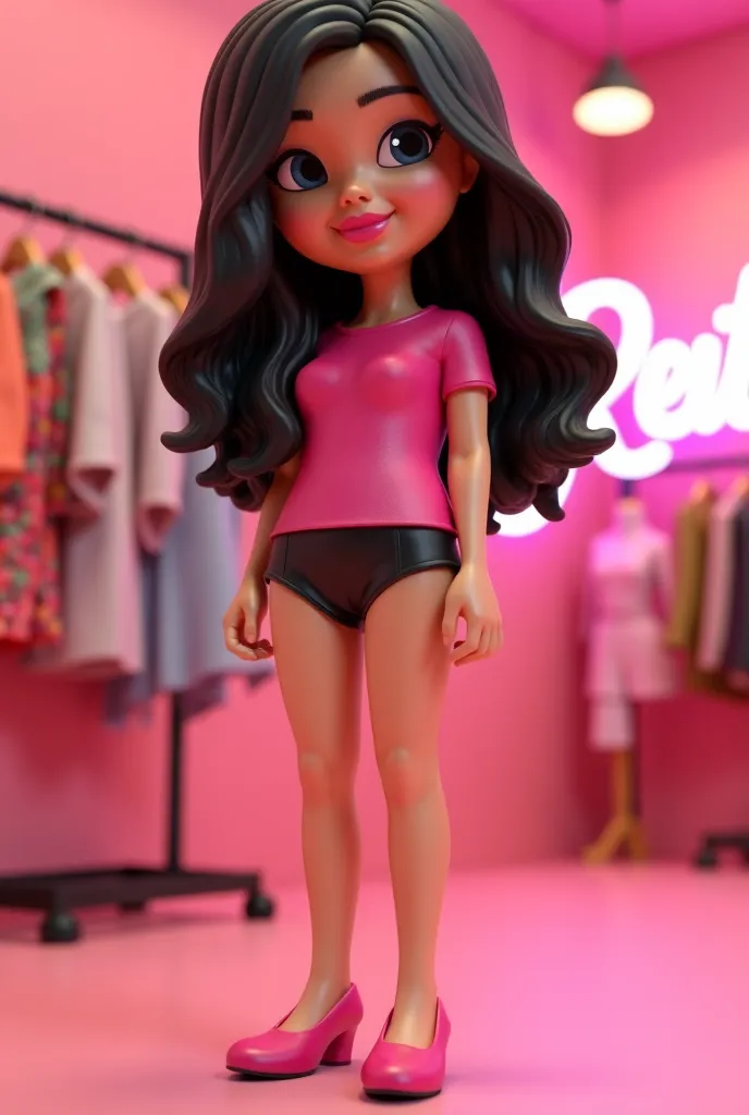 Create a realistic Disney-style 3D video, Close-up of the Clothing Store is a female figure, a little chubby with all the human features with black hair with waves, dressed in tight black panties , And pink heels,  as if they were The background is a soft ...