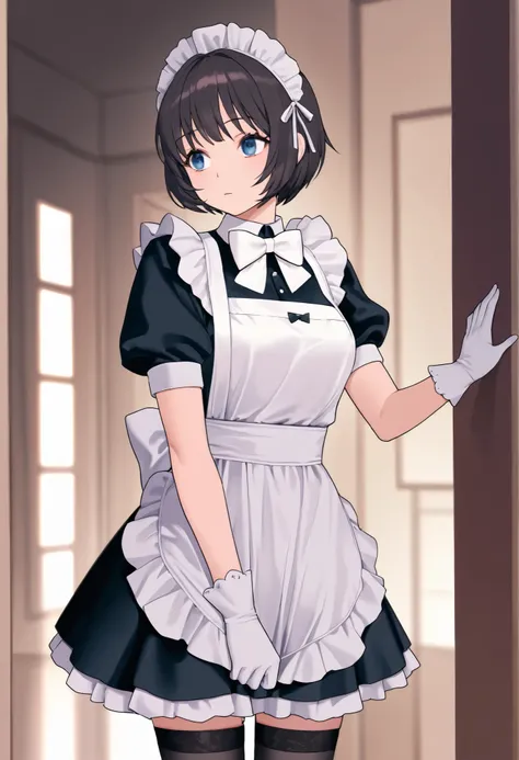 Score_9, Score_8_up, Score_7_up, Score_6_up, Source code_Japanese cartoon, 1 Girl, alone,  PMMly ,  dark hair,  short hair, blue eyes, Send a bow ,  white bow , Maid of Destiny ,  maid headdress, Maid Apron, Bridal Gloves,  Black Thigh Socks ,  foyer , Wat...