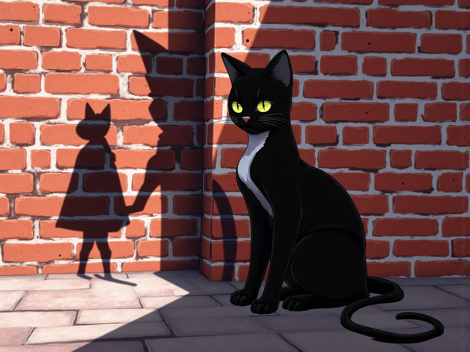 (masterpiece,  incredibly absurdres, highres, newest), (black cat, sitting in front of a brick wall\right position\Right to left hits\The shadow is in the shape of a girl with cat ears), illustration