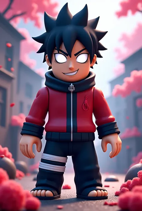  a roleblox naruto world character smirking and he has short black hair the chunin outfit and beyakugan doujutsu fully white eyes like the bayakugan but roblox 