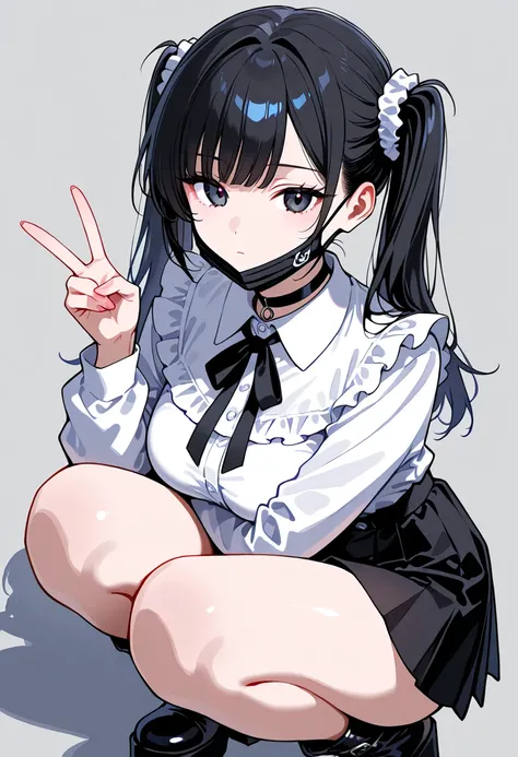 score_9, score_8_up, score_7_up, super precise,Absolute determination, detailed, beautiful face and eyes ,1girl, black hair,twintails,middle hair,middle breasts,jiraikei,jirai make up,pink frilled shirt,black skirt,black neck ribbon,hair scrunchie,black pl...