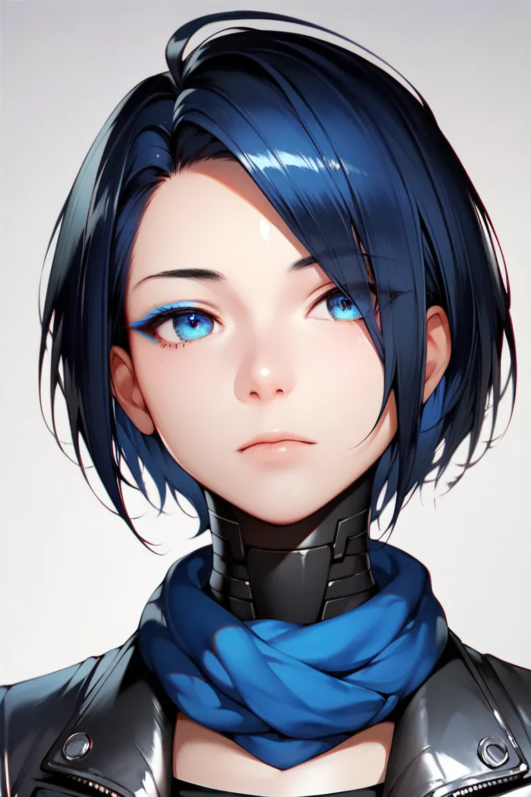 One woman, mature, anime, female anime character, black hair, blue eyes, blue eyeliner, expressionless, black short hair swept over left eye, sharp face, small chest, black slim mechanical body frame, a loose jacket,a black fastened scarf,mechanical neck, ...