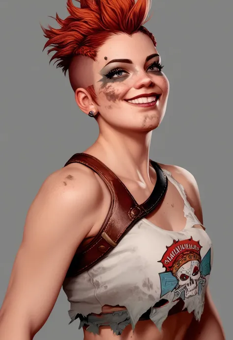 ((( whole body ))), master part, best quality , super detail , 8k, beautiful woman, Tank Girl com cara de maluca, mischievous smile , whole body, redhead Messy Short Pixie Haircutkhair, punk girl, post-apocalyptic world, (( of the tank )), nijistyle, torn ...