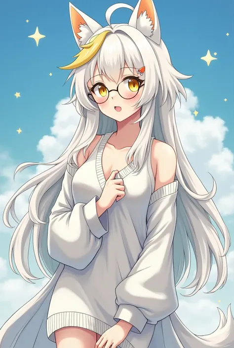  29 years old from the anime world with very soft white hair like a cloud, white hair with yellow eyes, long white clothes made of silk with a long white sweater made of silk, small yellow stars in his hair and small yellow stars inside. He has cute and so...