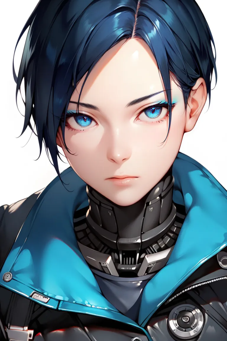 One woman, mature, anime, female anime character, black hair, blue eyes, blue eyeliner, expressionless, black short hair swept over left eye, sharp face, small chest, black slim mechanical body frame, a loose jacket,a black fastened scarf,mechanical neck, ...