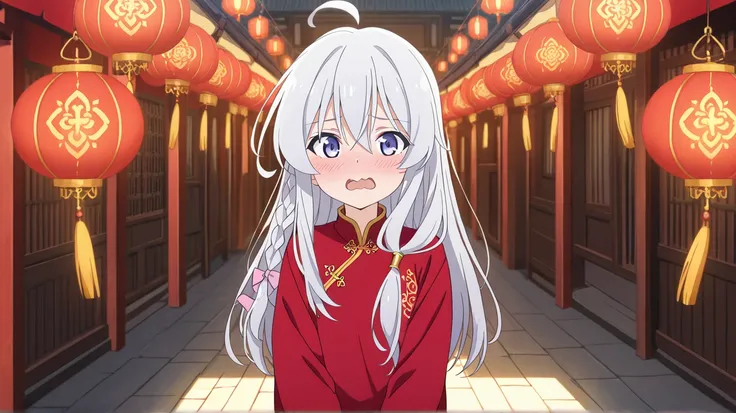 1girl, Elaina \(Majo no Tabitabi\), anime screencap, masterpiece, best quality, solo, no hat, no coat, A young This is a side-by-side photograph of a young blush, open mouth, wavy mouth, blush, shy, woman with braided hair in traditional Chinese clothing, ...