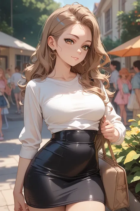  1 woman , Side ,  brown wavy hair with yellow baling ,  beautiful big brown eyes , sensually,  beige long sleeve tight t-shirt ,   black mini skirt  ,  light brown bag ,   medium breasts, Dina's waist ,   wide hips, your tough looking, loving wife