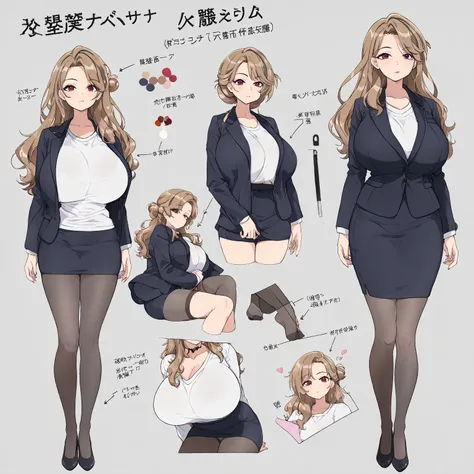 (( The best quality )), ((mature woman:1.9)), ( character design sheet ) detailed face, (model sheet), ( character sheet), anime style, 1chica, (masterpiece: 1.5), (2.D), glowing skin, ( long sleeve white t-shirt ), ((short skirt suit ))  color black, Brow...