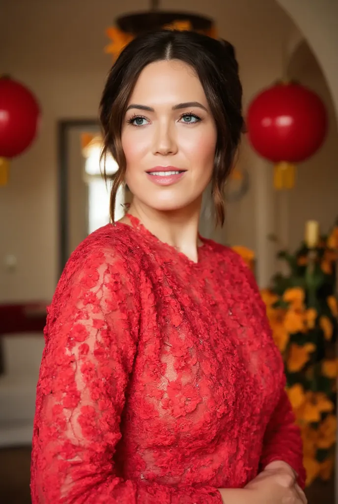 best quality, highres, 8k, masterpiece, photography, detailed midbody photorealistic portrait. Mandy Moore is dressed in a vibrant deep red qipao, a traditional color for Chinese weddings symbolizing good fortune. The fabric is rich red silk, with intricat...