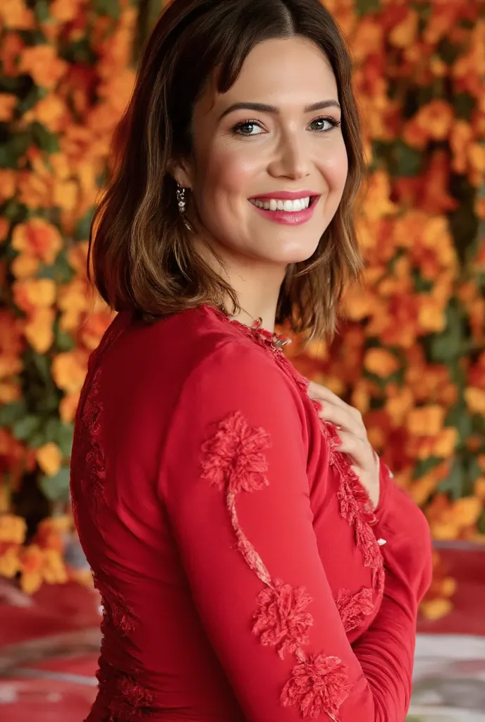 best quality, highres, 8k, masterpiece, photography, detailed midbody photorealistic portrait. Mandy Moore is dressed in a vibrant deep red qipao, a traditional color for Chinese weddings symbolizing good fortune. The fabric is rich red silk, with intricat...