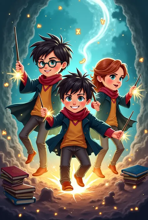 Harry Potter, Hermione e Rony, em desenho, com magia