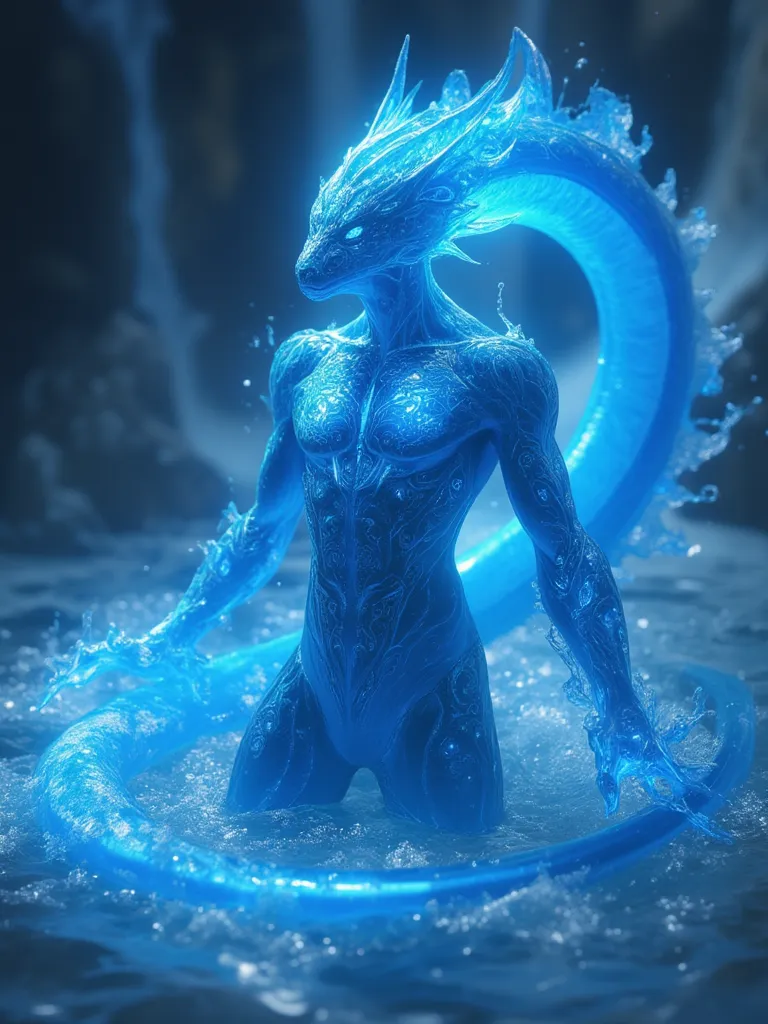 full shot of a man with a blue body, water elemental, water demon, male water elemental, luminous water elemental, iridescence water elemental, gorgeous shaped body, serpentine water monster, beautiful biomechanical djinn, water armor, snake man hybrid, so...