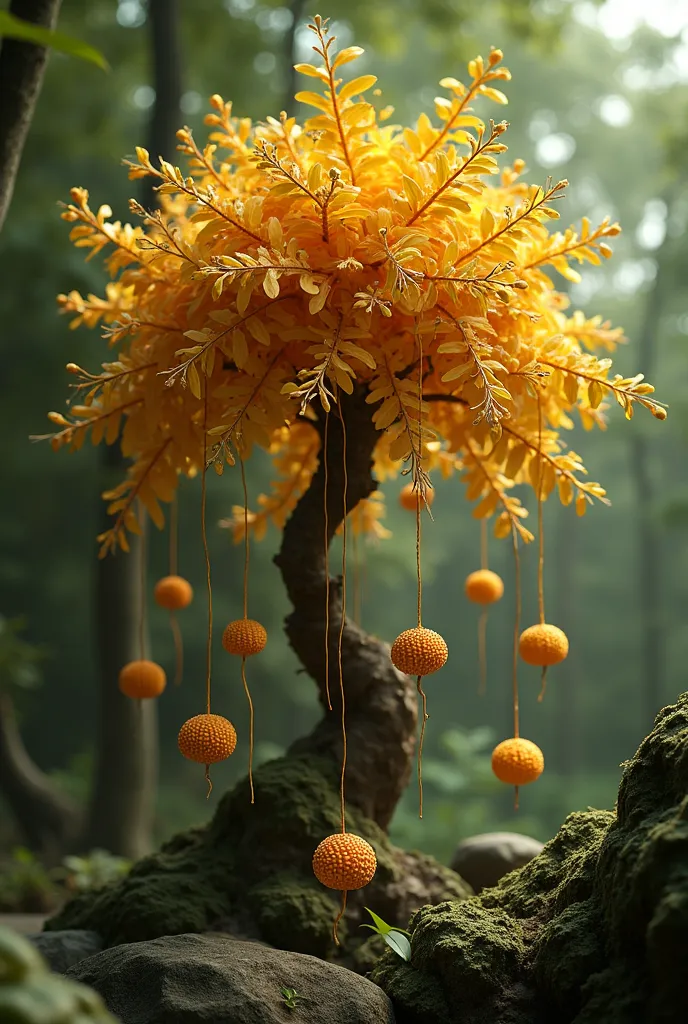 draw me schematically and realistically an amber PLANT. This plant is a shrub that produces small fruits that look like neurons and float. The fruits have hanging lianas