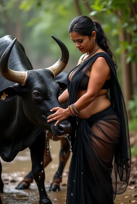 An Indian women with thick thighs and big breasts with juicy body  in black transparent saree without underwear washing a big black bull with her bare hands with erotic expression while bulls penise is hard as wood,NSFW