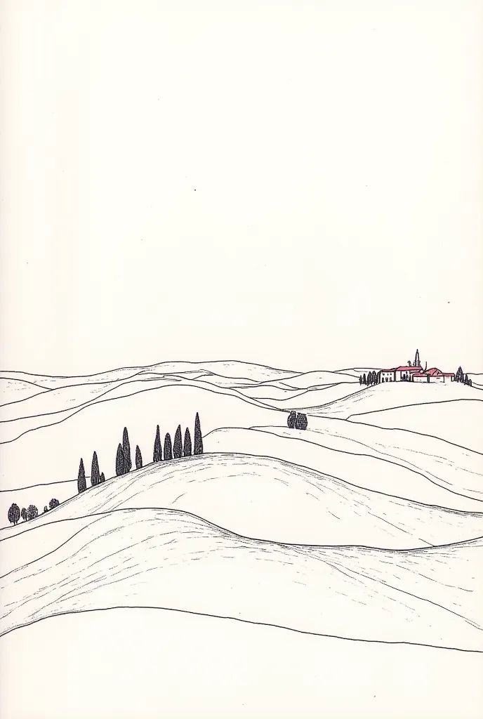 Minimalist black and white pastel of a Tuscan landscape, simple contour lines, rolling hills, a few cypress trees, and a small village in the distance. Clean sketch style, no shading, elegant and minimal composition