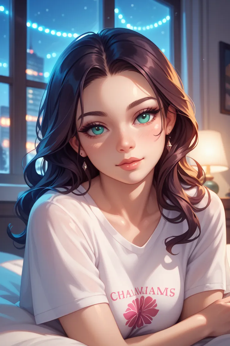 "An 18-year-old girl with fair skin and beautiful, silky dark hair sleeps peacefully on a soft bed, wearing a simple white T-shirt. Her delicate anime-style facial features are relaxed, with long eyelashes resting gently on her cheeks. The large window bes...