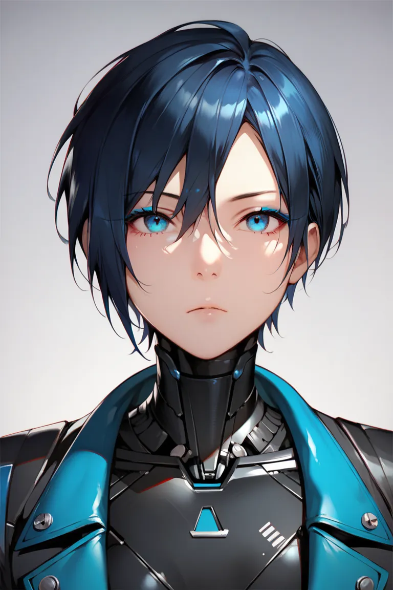 One woman, mature, anime, female anime character, black hair, blue eyes, blue eyeliner, expressionless, black short hair swept over left eye, sharp face, small chest, black slim mechanical body frame, a loose jacket,a black fastened scarf,mechanical neck, ...