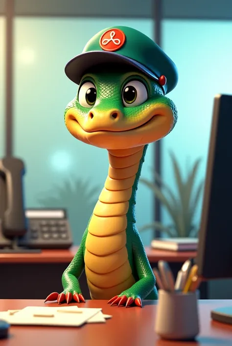 Animated adult male snake wearing receptionist cap 