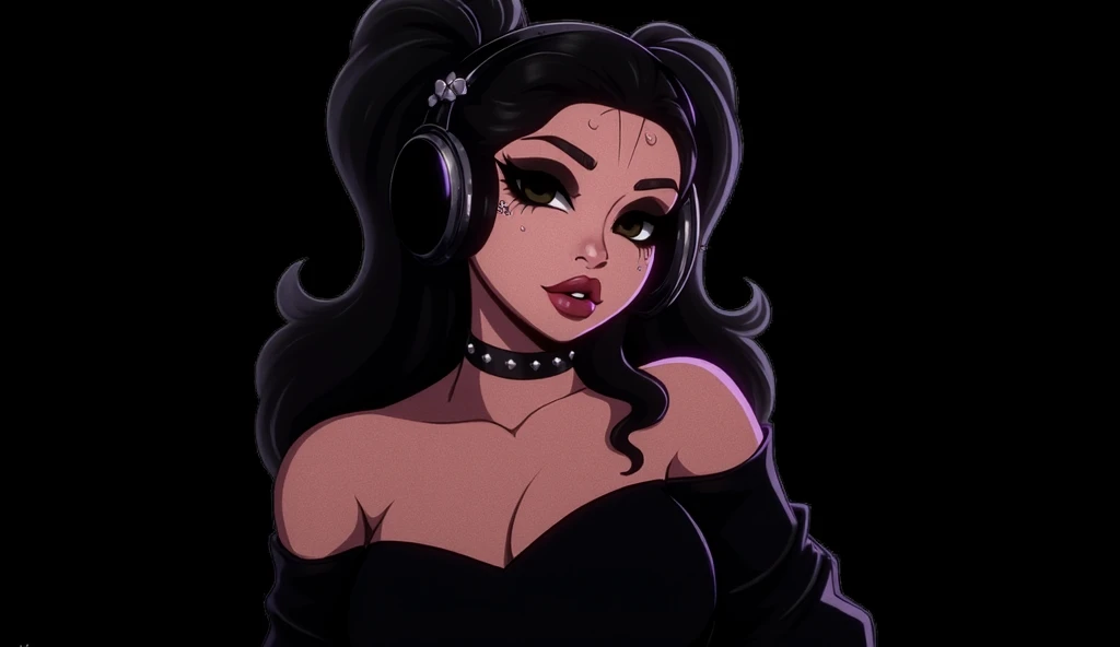 I want her to hold a gun on her hand close to her face. She has black hair and black eyes, voluminous hair with two long ponytails. She has Latina skin and thick lips, she have a line on her eyebrow. She have aesthetic black stylish clothes. She have a bla...