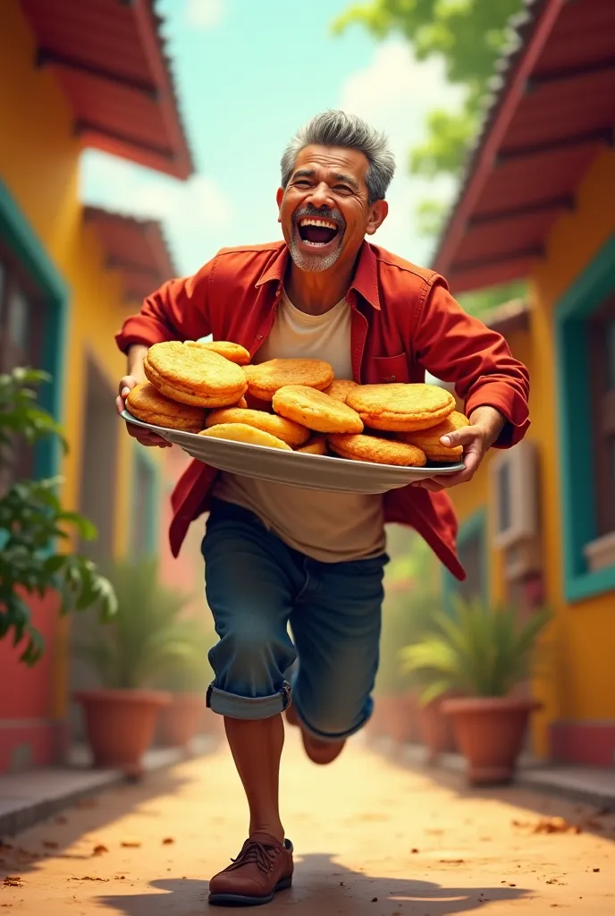 A father running around carrying some arepas