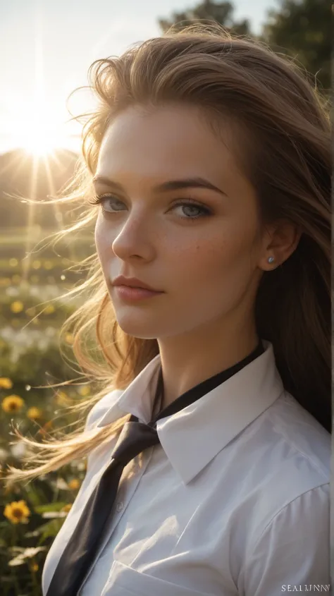 gentle girl , beautifulе лицо, clear face painting,  slim ,  in full, long hair, wind, white shirt closed with a collar, weightlessness, tenderness,  calm , яркие glare,  clear drawing , good quality 
Lots of details, bright sun rays, сильный wind, glare, ...