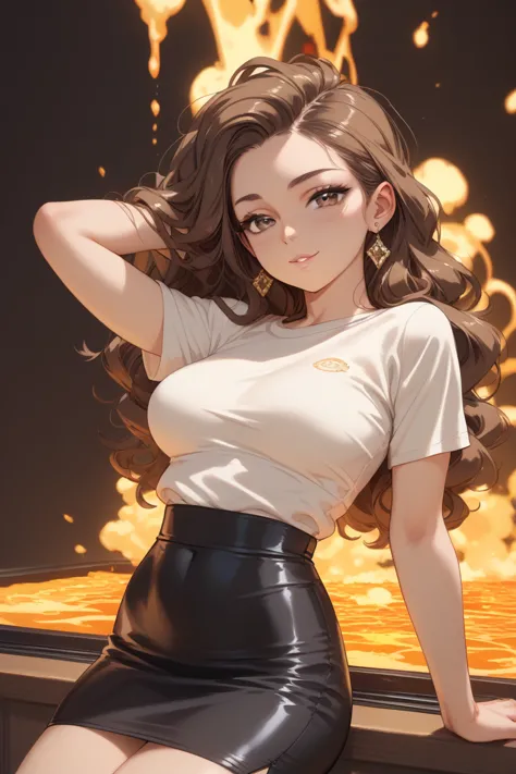  1 woman , Side ,  brown wavy hair with yellow balaclava ,beautiful big brown eyes,  beige long sleeve tight t-shirt ,  black mini skirt ,   medium breasts, Dina's waist, your tough looking, loving wife, in the bedroom