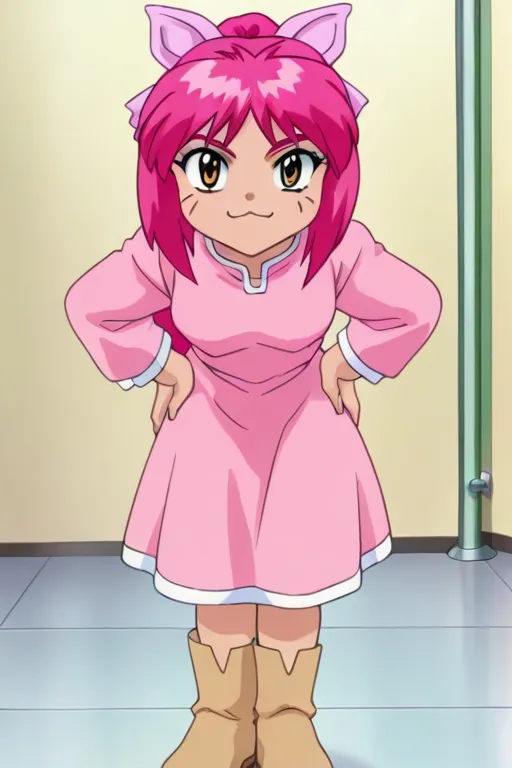 1 girl, solo, Mao Chen,retro artstyle,pink hair,long hair,yellow eyes,whisker markings,ponytail,hair ribbon,pink hair ribbon,hair bow,pink hair bow,:3fangs,wearing pink dress, boots,((hands on waist)), leaning_forward, ((looking at viewer)), full body,