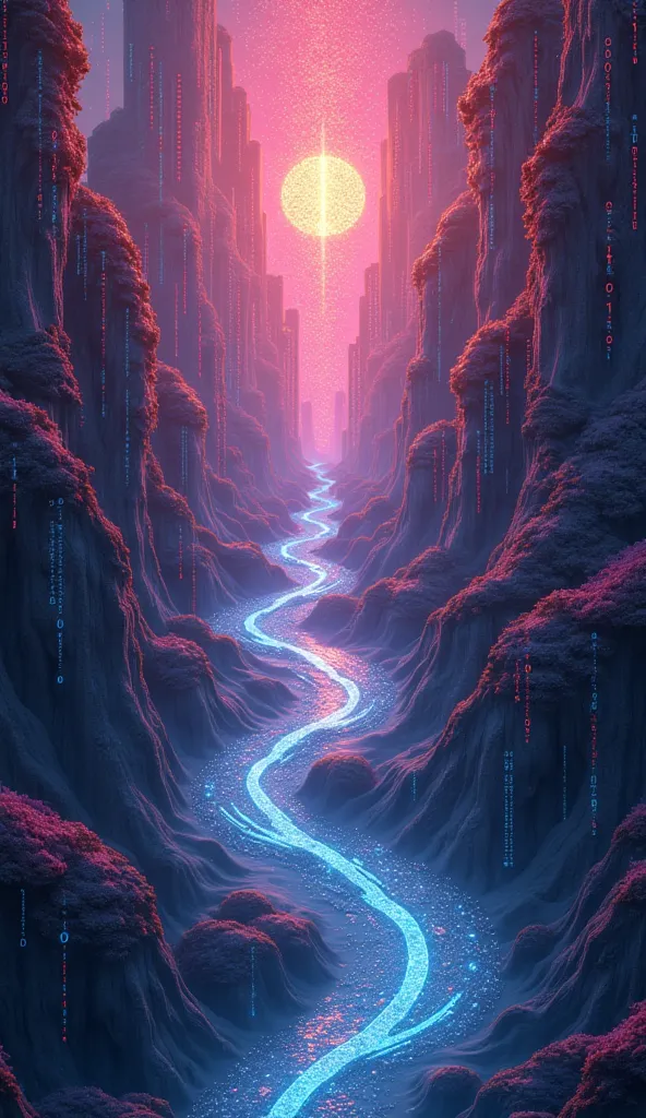 "A surreal abstract artwork where colorful streams of binary code (0s and 1s) flow like a river, merging into a bright, glowing brain symbolizing AI intelligence."