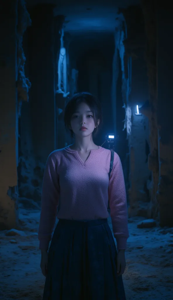 /imagine prompt: A cinematic and photorealistic depiction of Ayase Momo from "Dandadan," a young woman standing in a dark, eerie ruin at night, holding a flashlight. She is illuminated by the soft glow of the flashlight, which casts dramatic shadows on her...